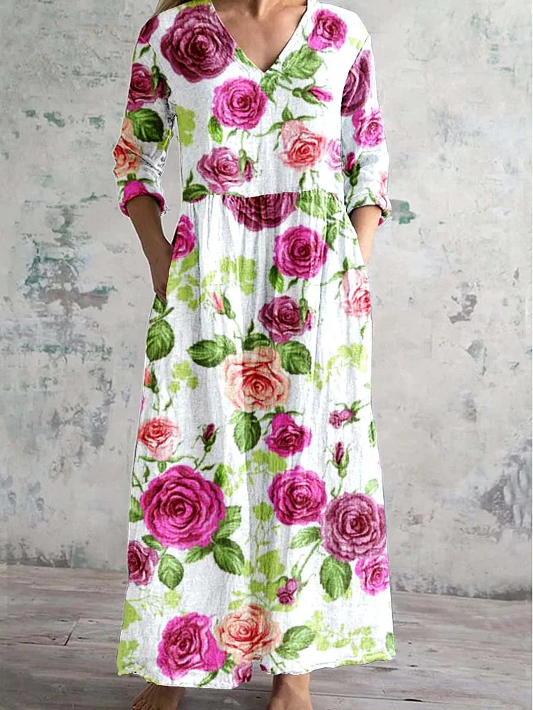Women's V Neck Art Rose Floral Pattern Dress with Pockets