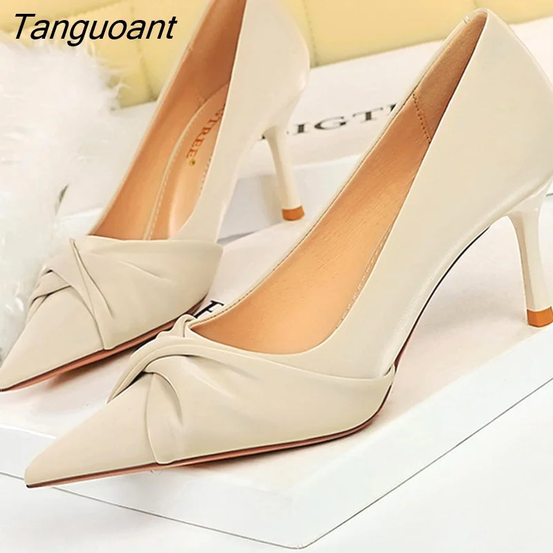 Tanguoant Shoes Fashion Kitten Heels Women Pumps Pointed Bow-knot Stiletto High Heels Women Shoes Sexy Party Shoes Plus Size 34-43