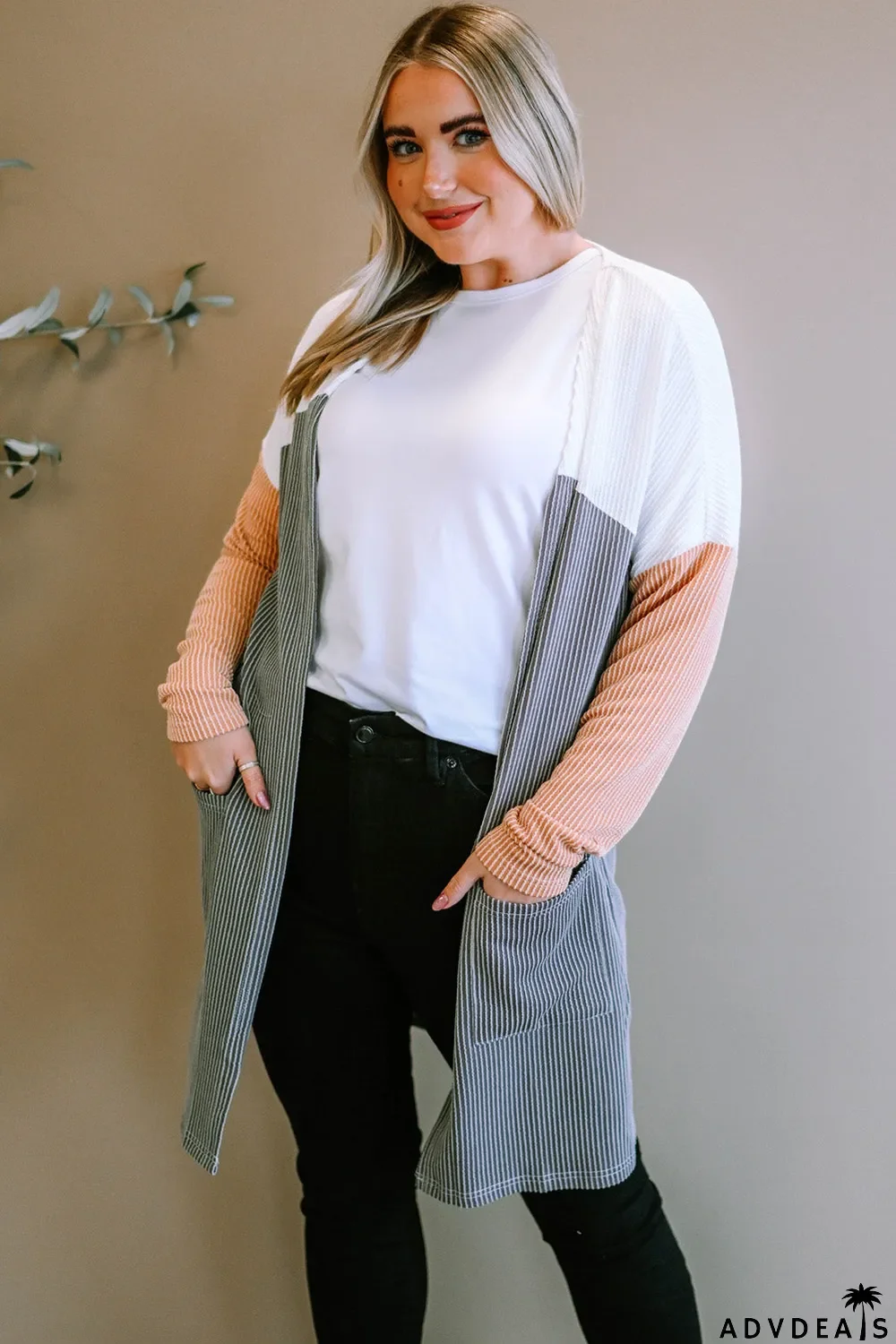 Gray Corded Colorblock Open Front Cardigan