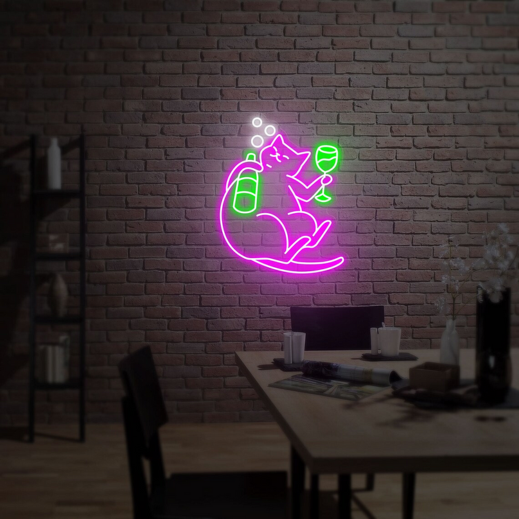 Animal Cat Neon Sign Cat Drinking Wine Neon Light Art Decor  Wall Art Signs Cute Cat Decor Cat Wall Custom Neon Decor Neon Custom Desk Light
