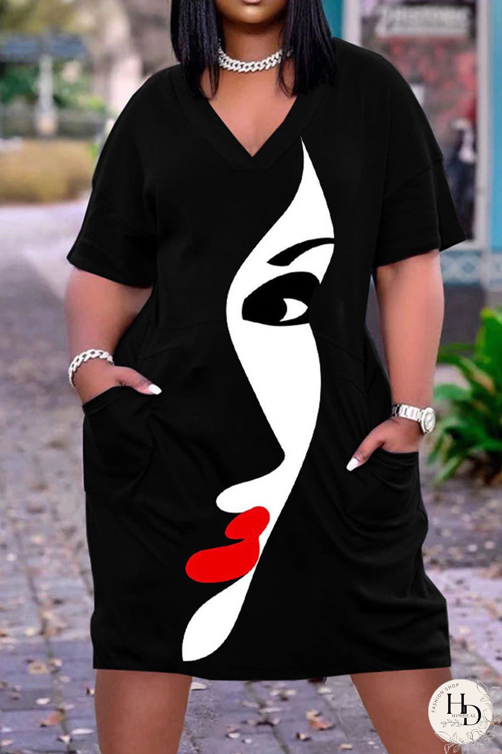 Multicolor Casual Street Print Patchwork V Neck Straight Dresses