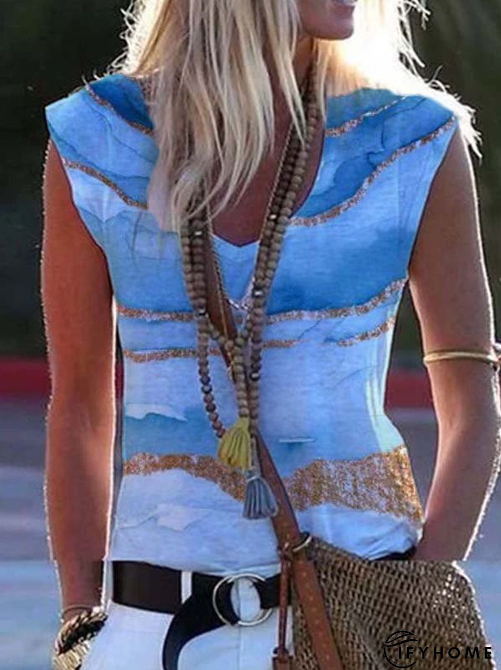 Cotton-Blend Printed Sleeveless Shirts & Tops | IFYHOME