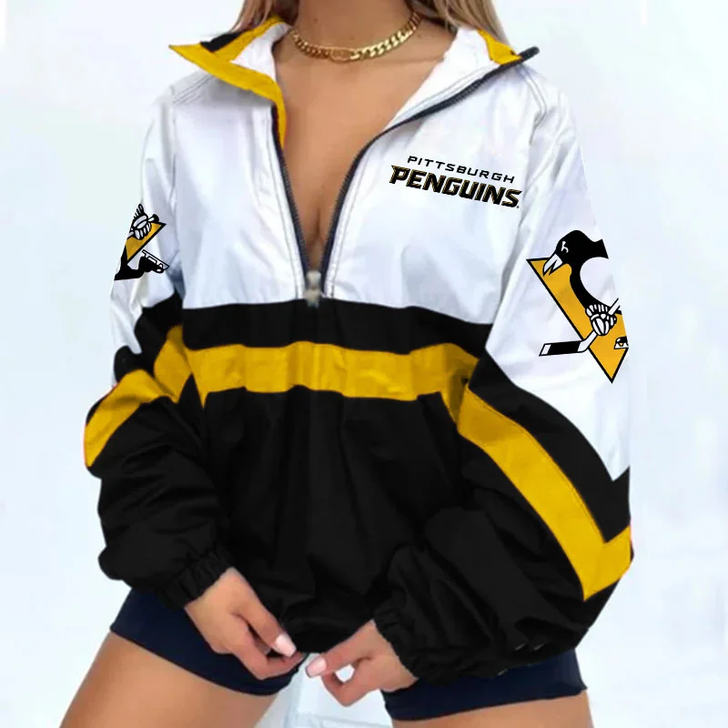 Women's Support Pittsburgh Penguins Hockey Print V Neck Zipper Sweatshirt Jacket