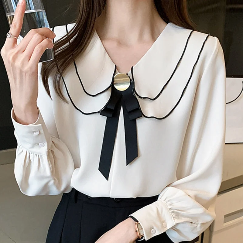 Autumn Women Solid Chiffon Blouse Shirt Women Tops Long Sleeve Blouse Women Blusas Mujer De Moda 2021 Blouses Femme Top F173