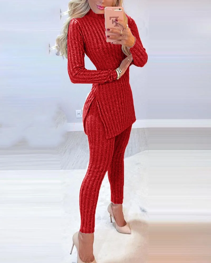 Graduation Gifts Winter Warm Solid Long Sleeve Slit Knitted Sweater With Skinny Long Pants Suit Women's Elegant 2 Piece Outfits Sets Leotard