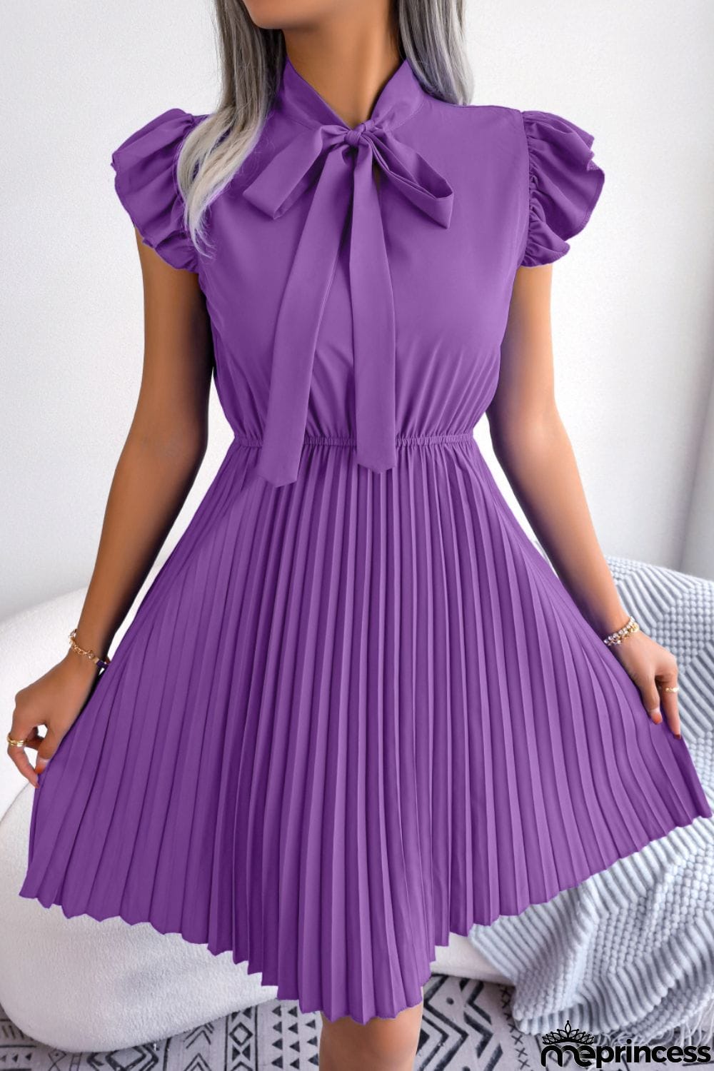 Tie Neck Butterfly Sleeve Pleated Dress