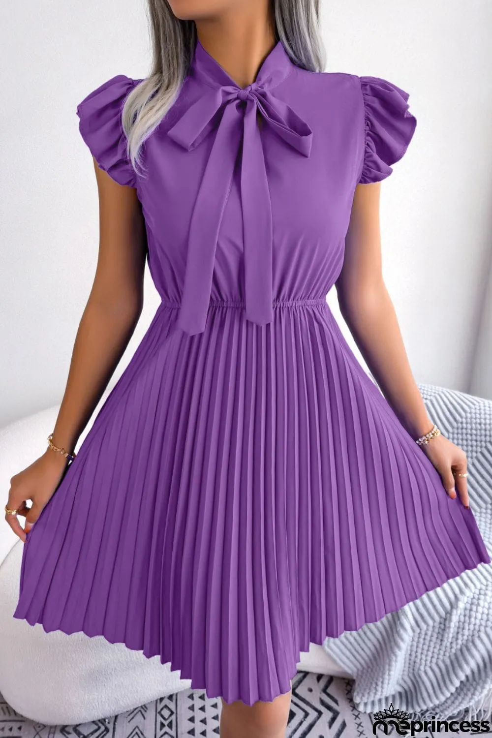 Tie Neck Butterfly Sleeve Pleated Dress