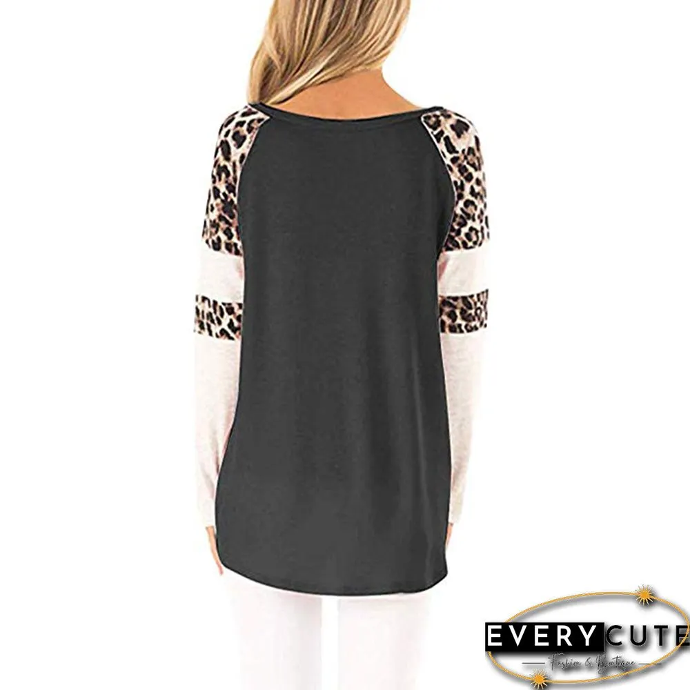 Leopard Print Sleeve Gray Casual Tops