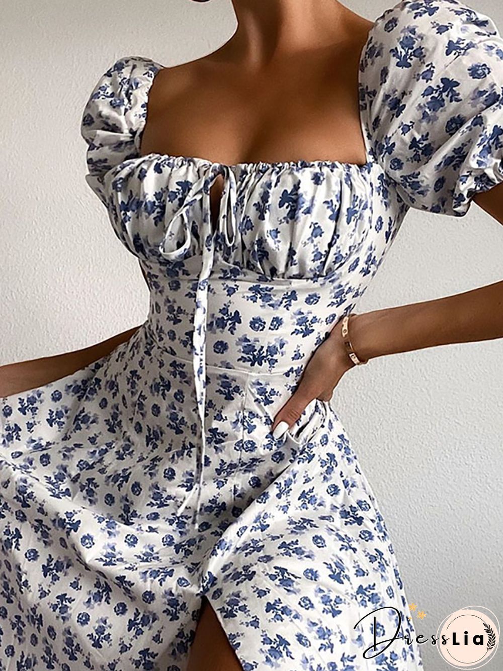 NewAsia Vintage Floral Dress Women Summer Square Collar Puff Sleeve Long Dress Sexy Off Shoulder Side Split A-line Dress
