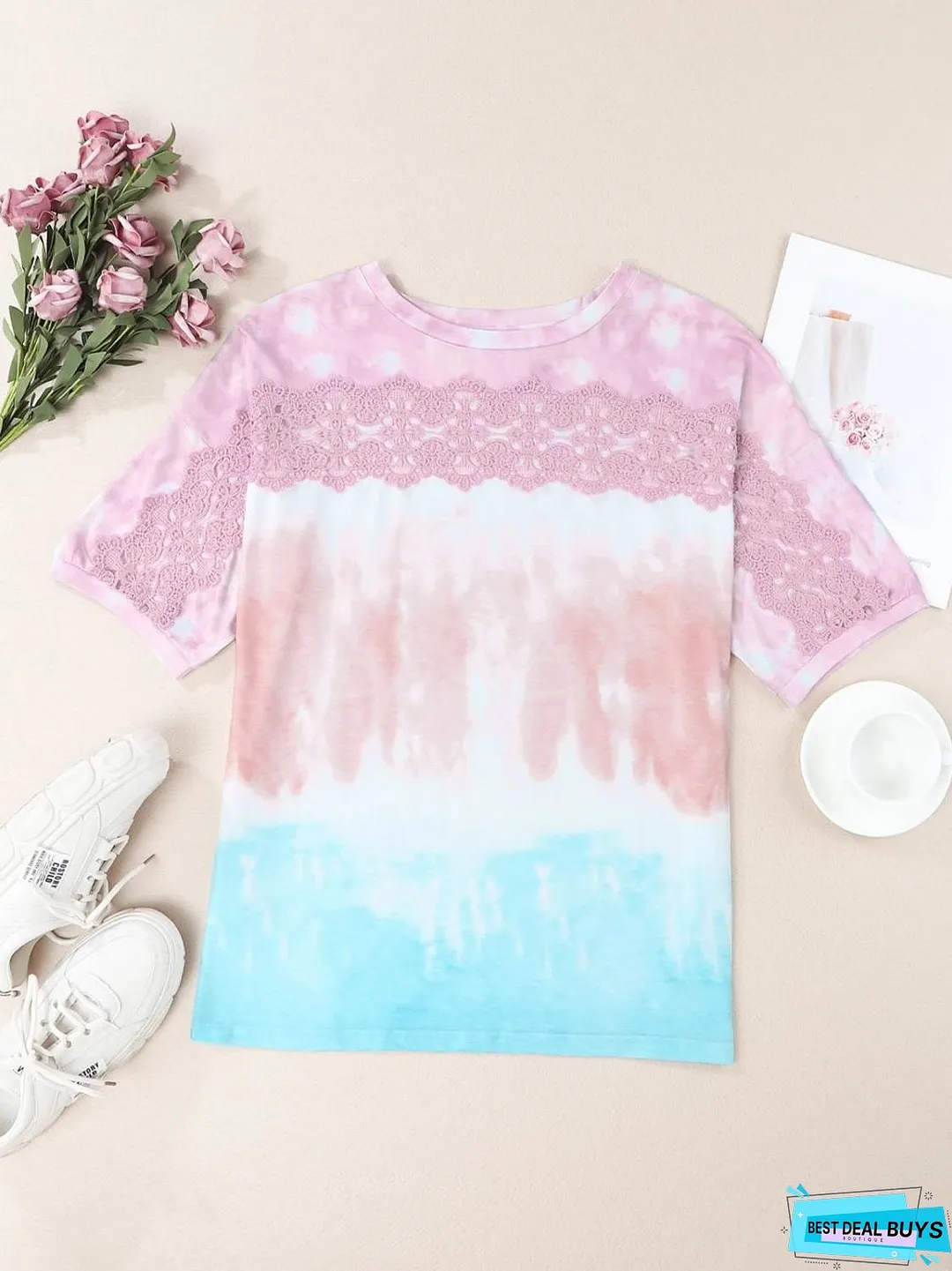 Tie-Dye Lace Trim Round Neck Top