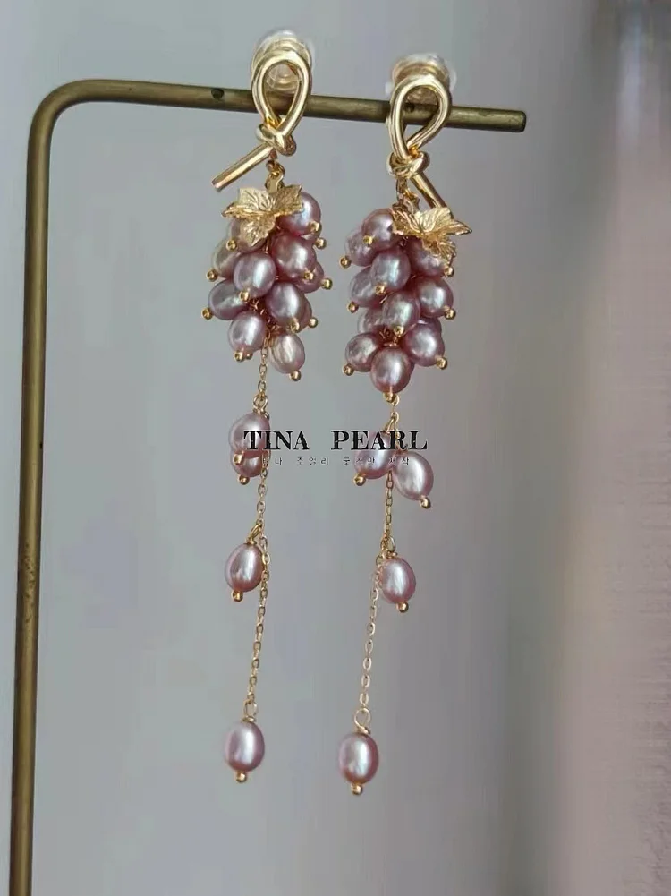 2024 tina pearls Fresh water pearl 925 silver tassel grape earrings