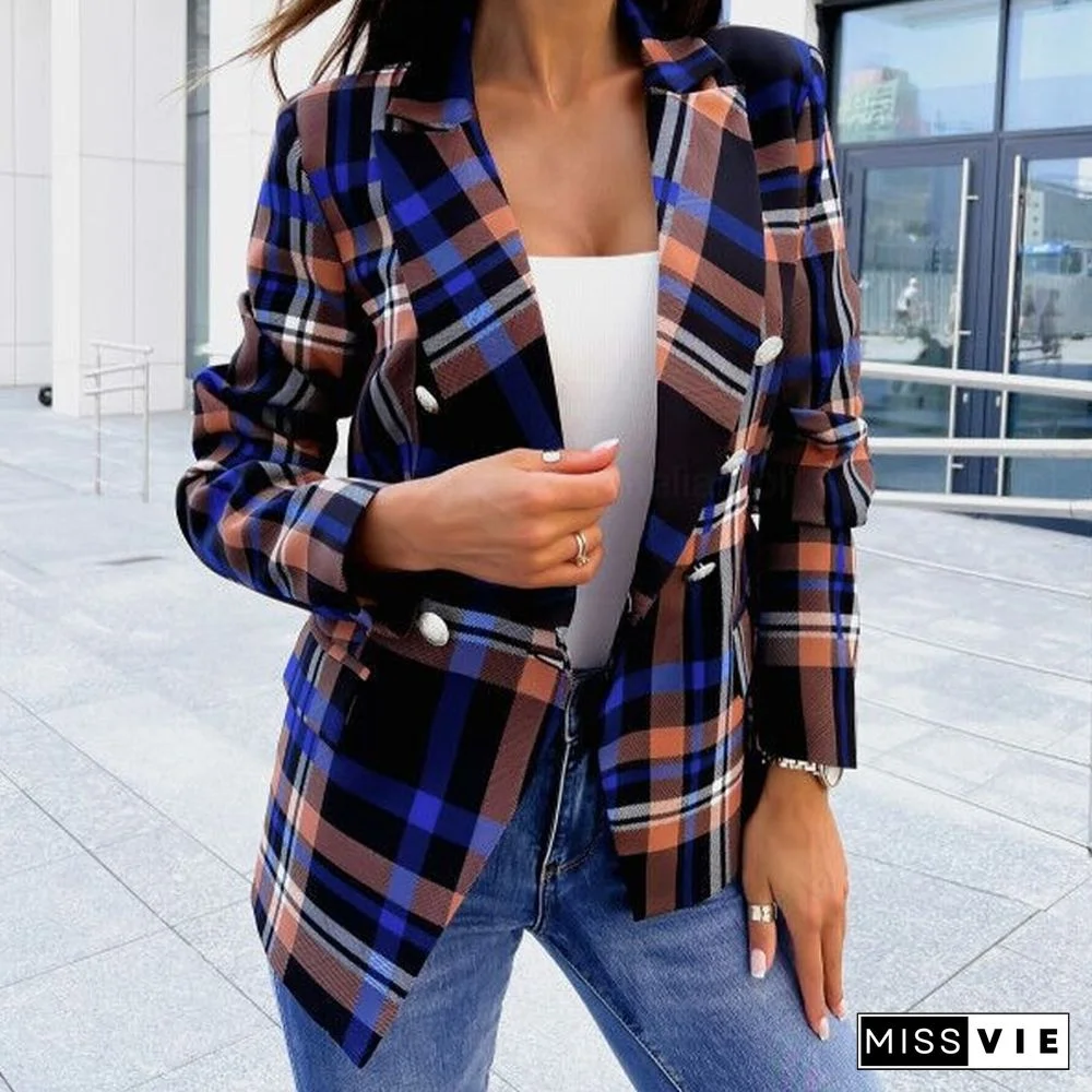 Elegant Lapel Double-breasted Blazer Autumn Casual Long Sleeve Slim Jackets Outerwear Spring Women Fashion Plaid Print Coats Top