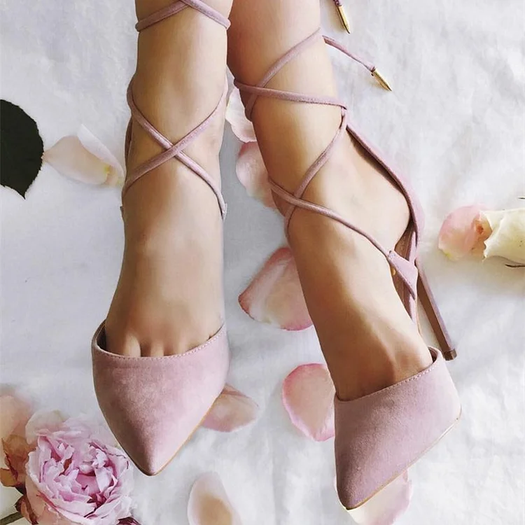 Pink Suede Strappy Stiletto Heels Pointy Toe Sandals Vdcoo