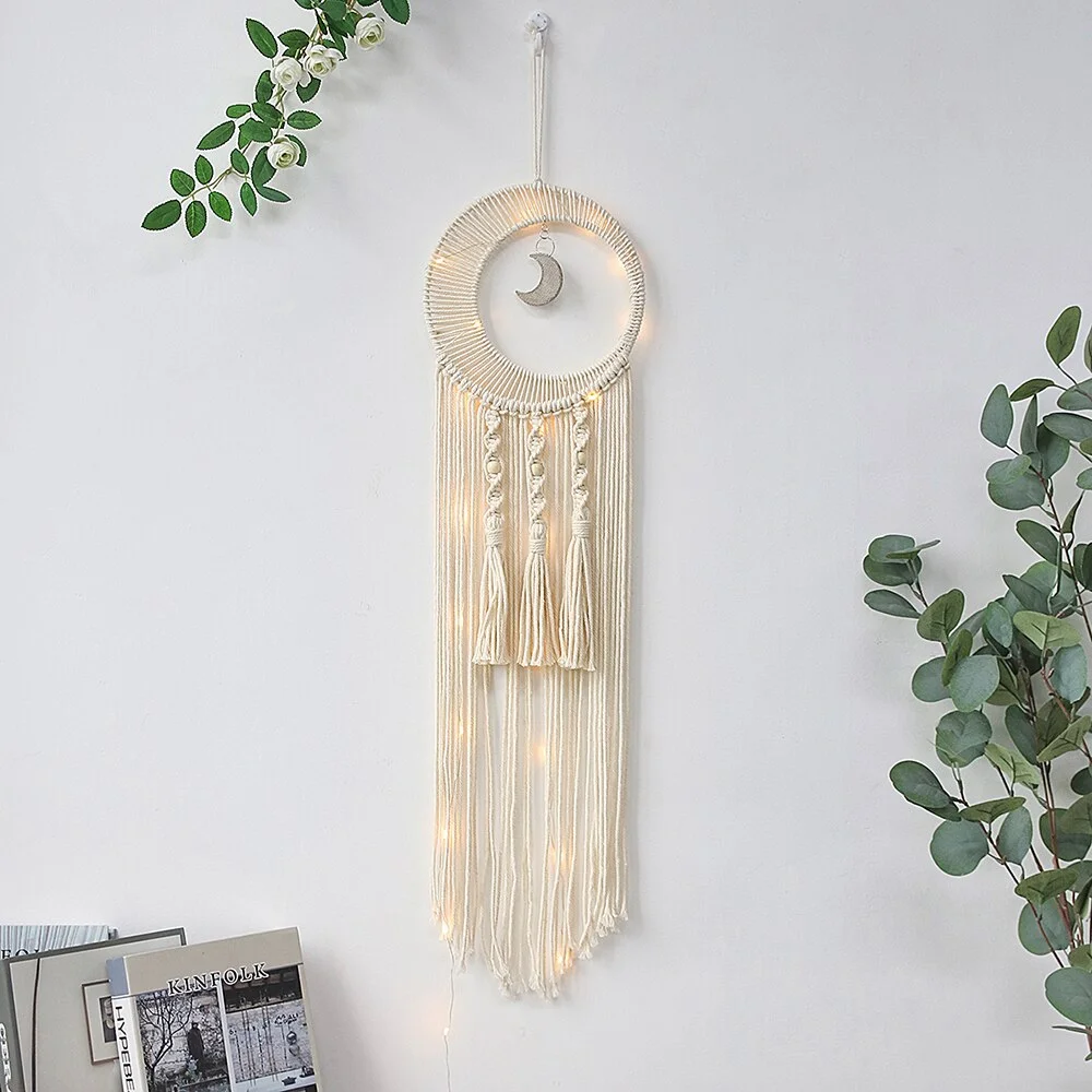 Moon Star Macrame Dream Catcher Wall Hanging Boho Room Decor Kids Girls Home Decoration With Led Light Gifts Dropshipping