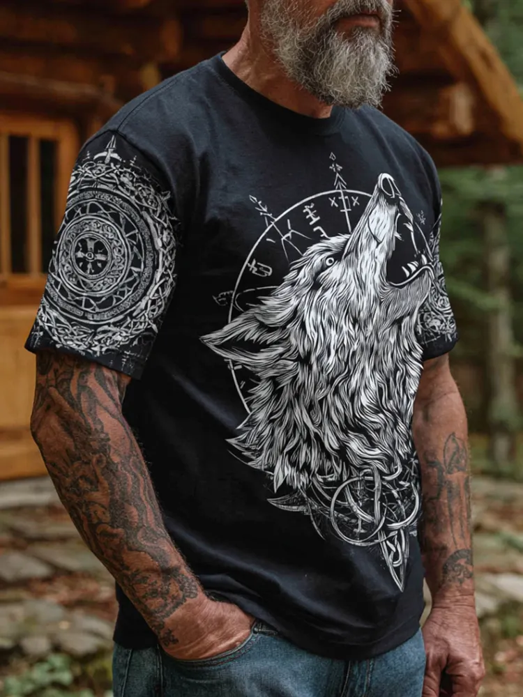 Men's Viking Celtic Knot Wolf Head Print T-shirt