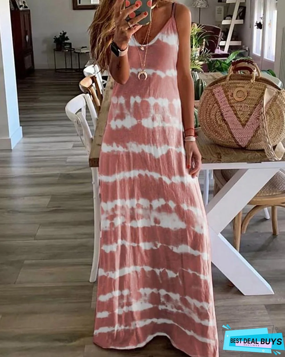 Women's Strap Dress Maxi Long Dress - Sleeveless Tie Dye Summer Hot Casual Beach Blue Purple Blushing Pink Wine Khaki Gray Light Blue