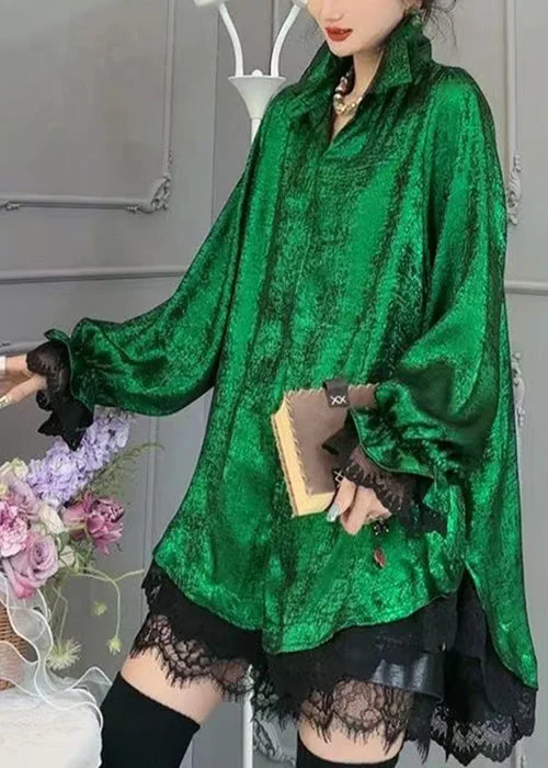 Women Green Peter Pan Collar Lace Patchwork Silk Shirt Long Sleeve