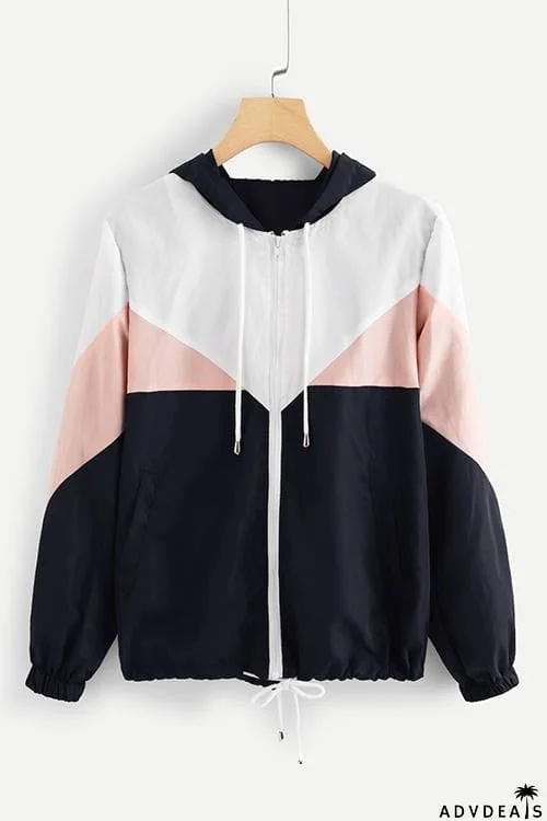Color Block Drawstring Hoodie Coat
