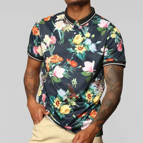 Men's Floral Print Lapel T-Shirt