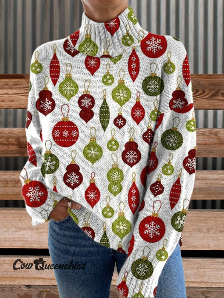 Christmas Vintage Decoration Printed Knit Turtleneck Pullover Sweater Multicolor / S