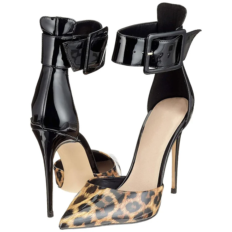 Leopard Print Pointy Toe Thick Ankle Strap Buckle Flats