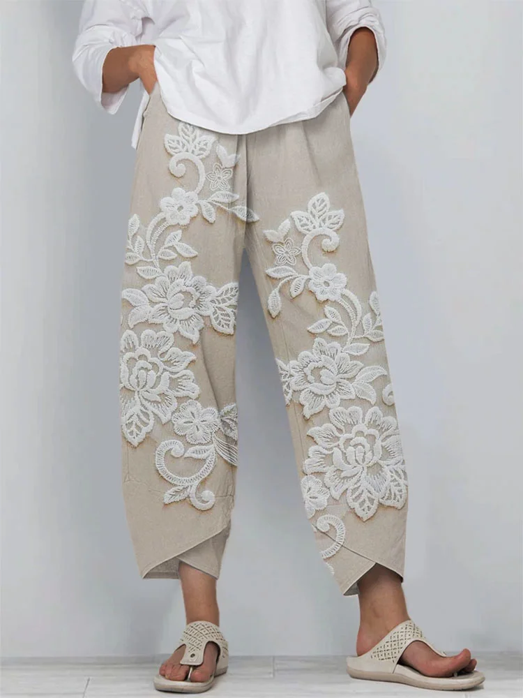 DKNY Women's Linen Blend Cropped Pants - Ivory Tab Front Casual Style (Size 14)