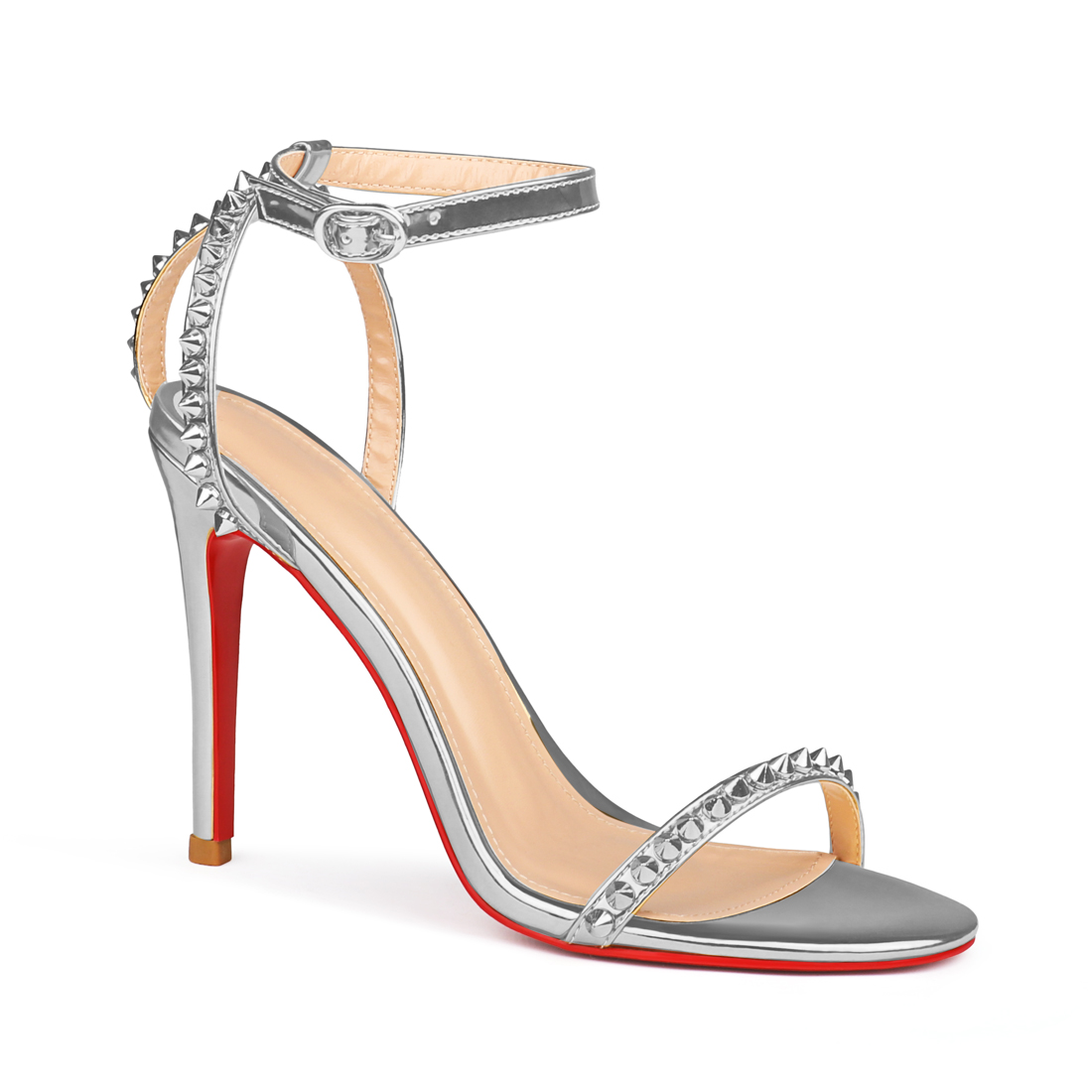 100mm Women's Sandals Stiletto Red Bottom High Heels Open Toe Ankle Strap Rivet Studs Shoes-MERUMOTE