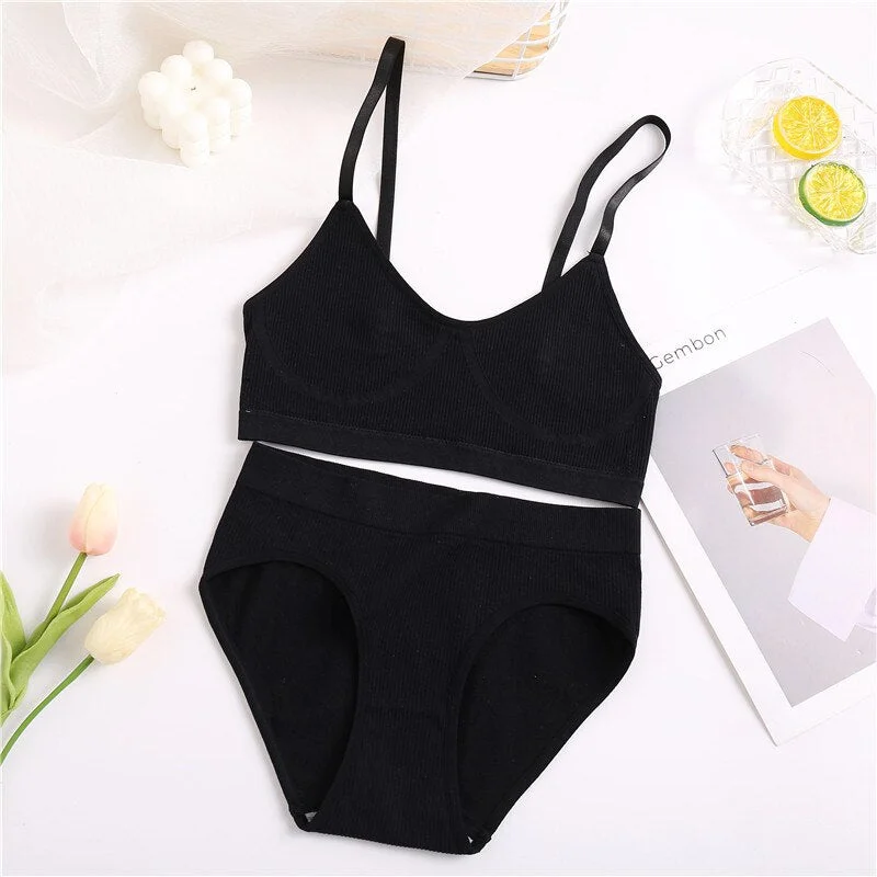 FINETOO Sexy Women Bra Panties Set Sports Bra Seamless Underwear Stretch Brief Panty Bralette Crop Top Fitness Girl Lingerie Set