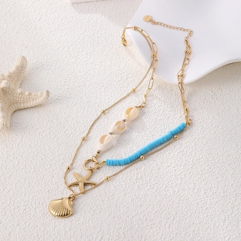 Beach Scallop Starfish Shell 304 Stainless Steel Double Layer Necklaces