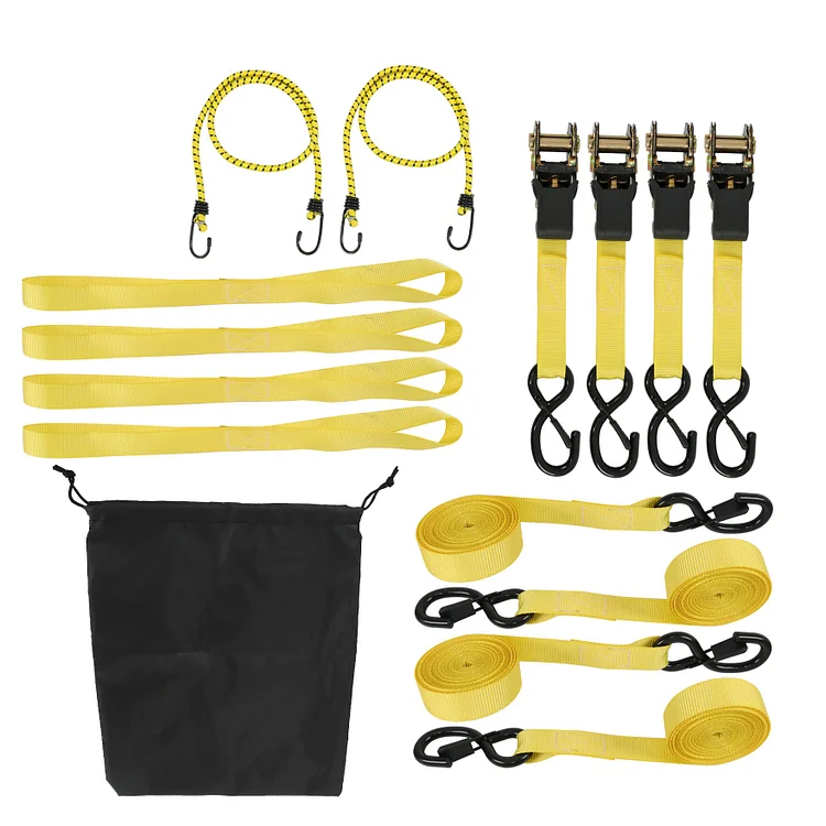 SEBLAFF 4Pack 15 FT 2200 LB Break Strength Yellow Heavy Duty Ratchet Tie Down Straps with Lock S Hooks Soft Loop 2 Bungee Cords 4 Soft Loops Storage Bag Replacement for Moving Appliances Motorcycle