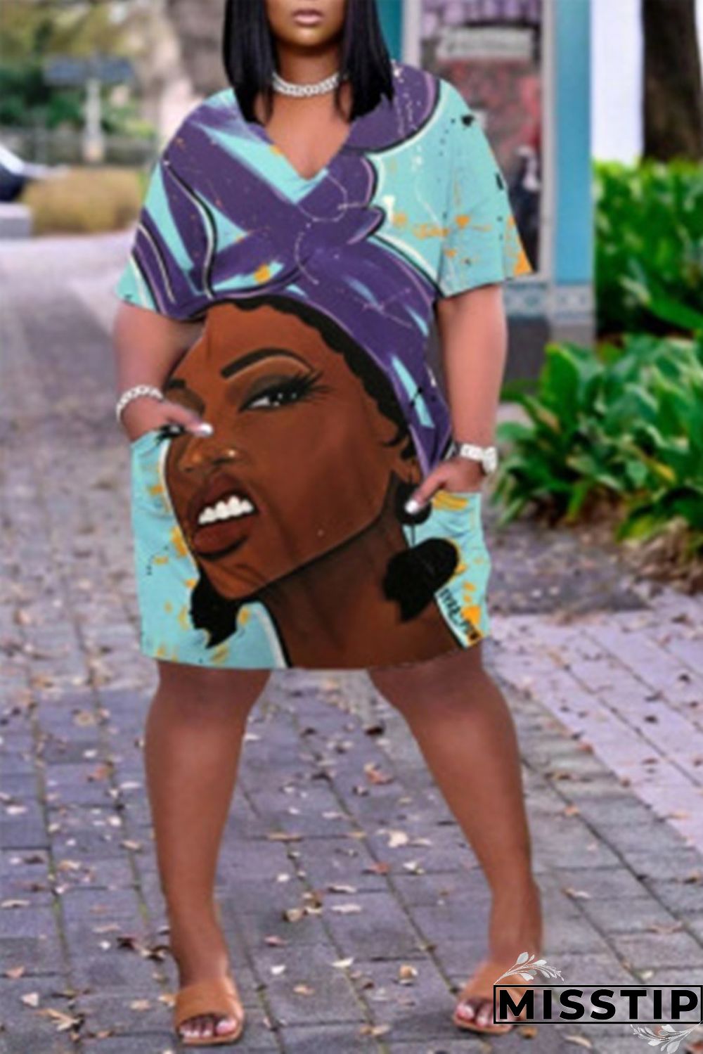 Light Blue Fashion Casual Print Basic V Neck Short Sleeve Dress