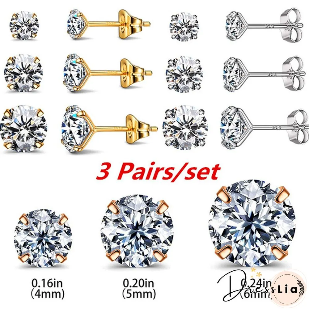 Pairs Stud earrings 925 sterling silver plated round cubic zirconia hypoallergenic set