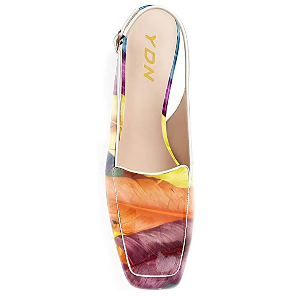 Colorful Feather Printed Patent Leather Block Heel Slingback Loafers 