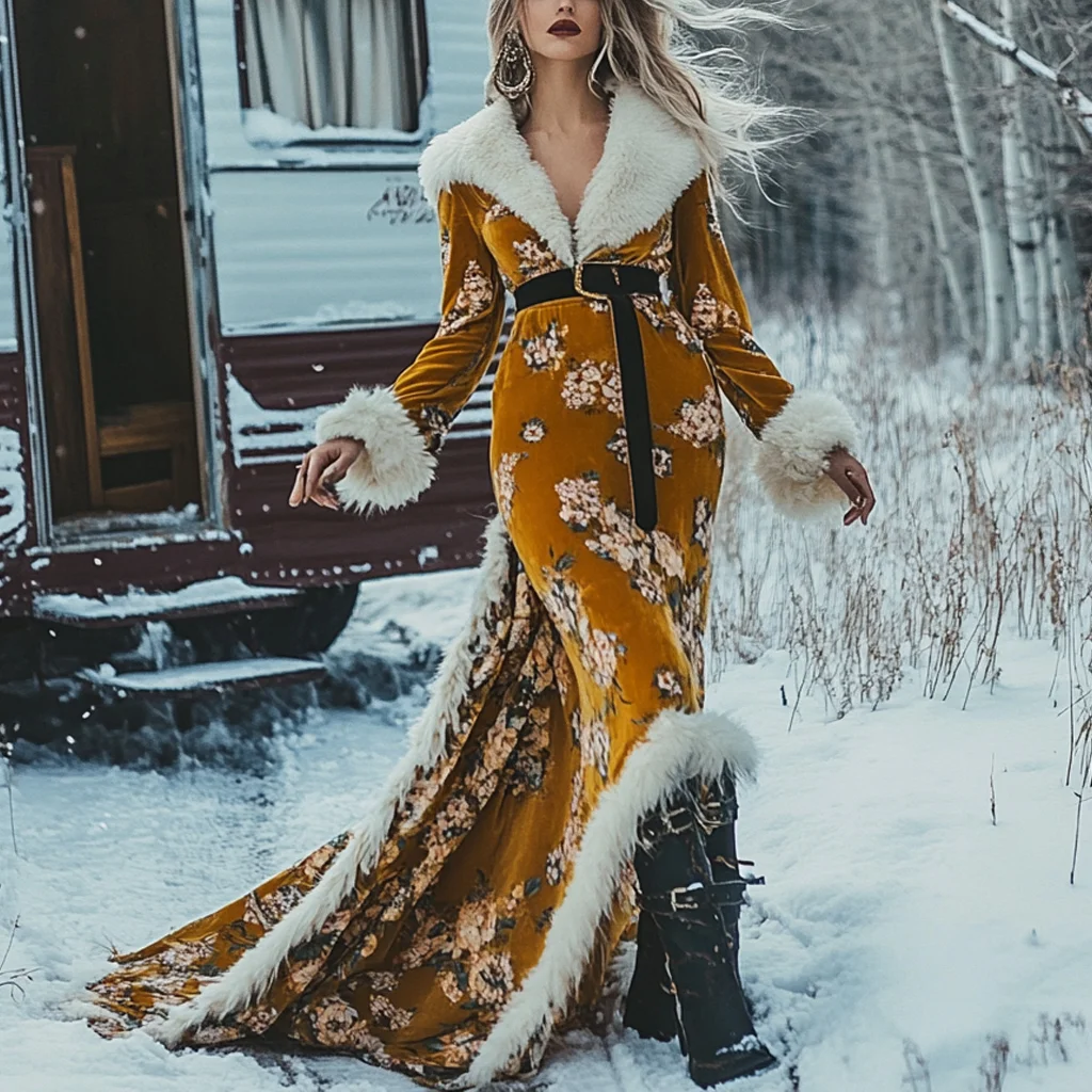 Western Velvet Vintage Ethnic Aztec Floral Flower Print Plush Warm Autumn And Winter Dress