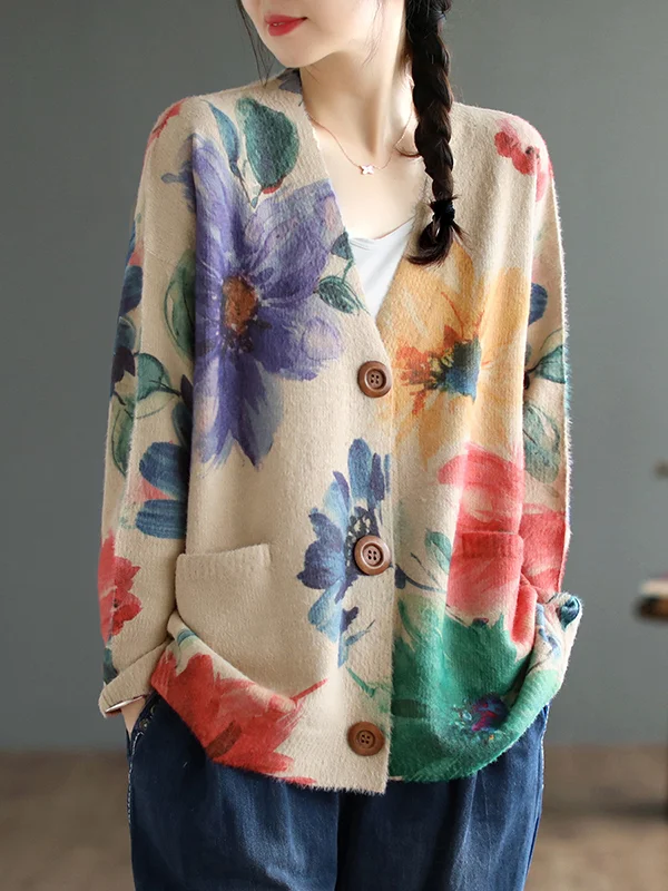 Vintage Long Sleeves Loose Buttoned Floral Printed Contrast Color V-Neck Cardigan Tops