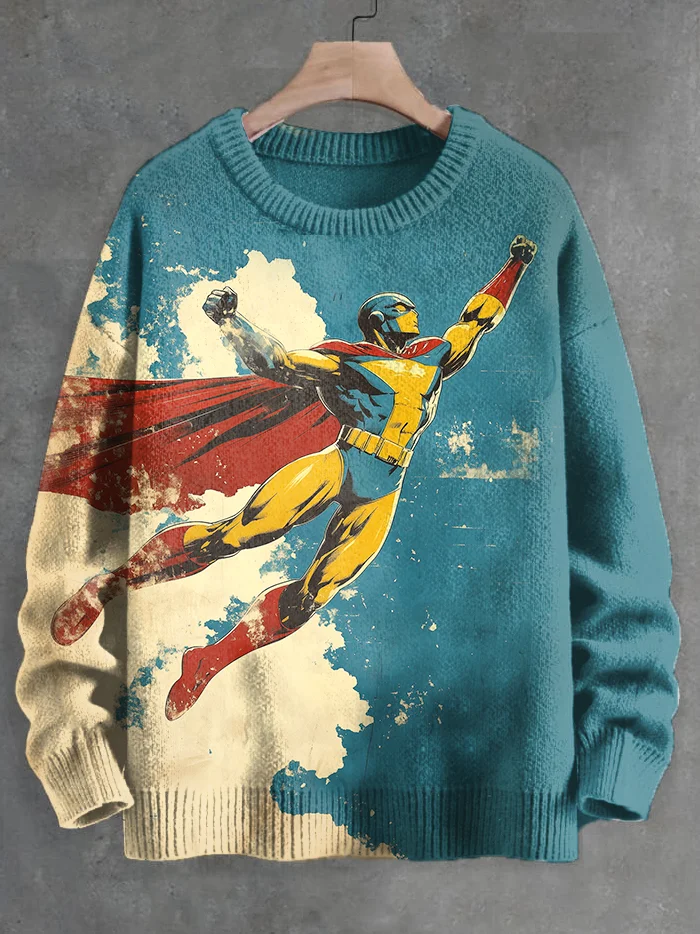 Men's Retro Superman Print Knit Sweatshirt