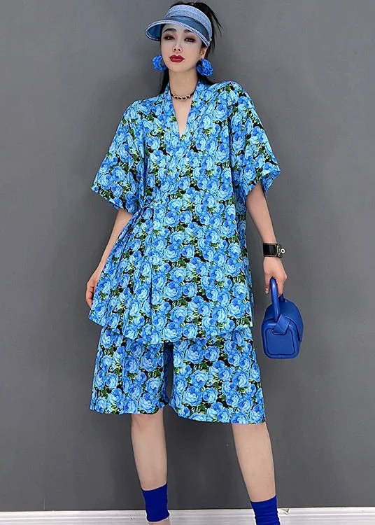 Elegant Blue V Neck Print Cotton Cinch Top And Shorts Two Pieces Set Short Sleeve