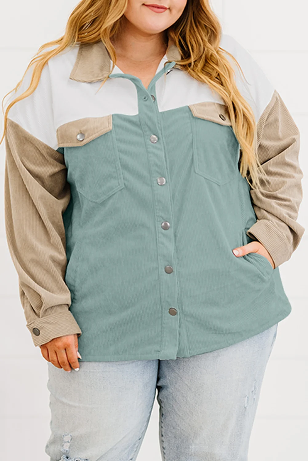 Multicolor Color Block Buttoned Pocket Corduroy Plus Size Jacket | IFYHOME