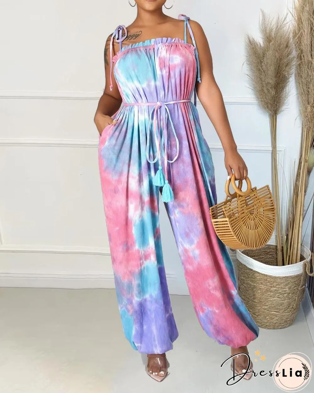 Tie Dye Frill Trim Fringe Belted Cami Jumpsuit