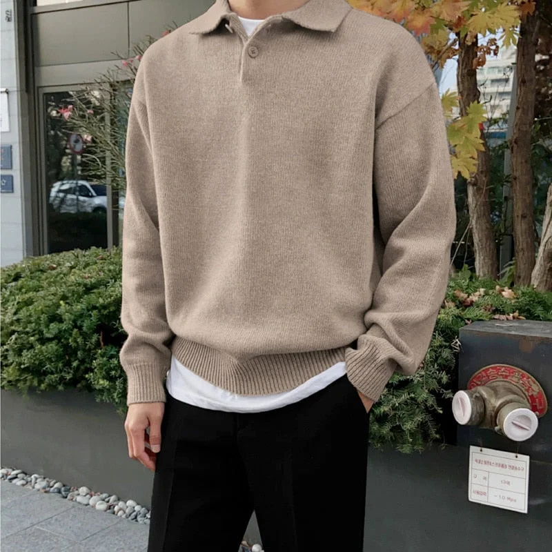 Inongge Korean Fashion Chic Lapel Pullover Knitting Tops Men's Autumn Winter New Loose Long Sleeve Sweater Vintage Kinttwear
