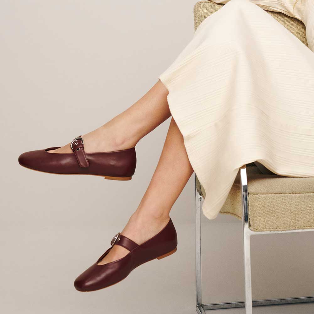 Maroon Vegan Leather Square Toe Flat Buckled Strappy Ballet Shoes Nicepairs