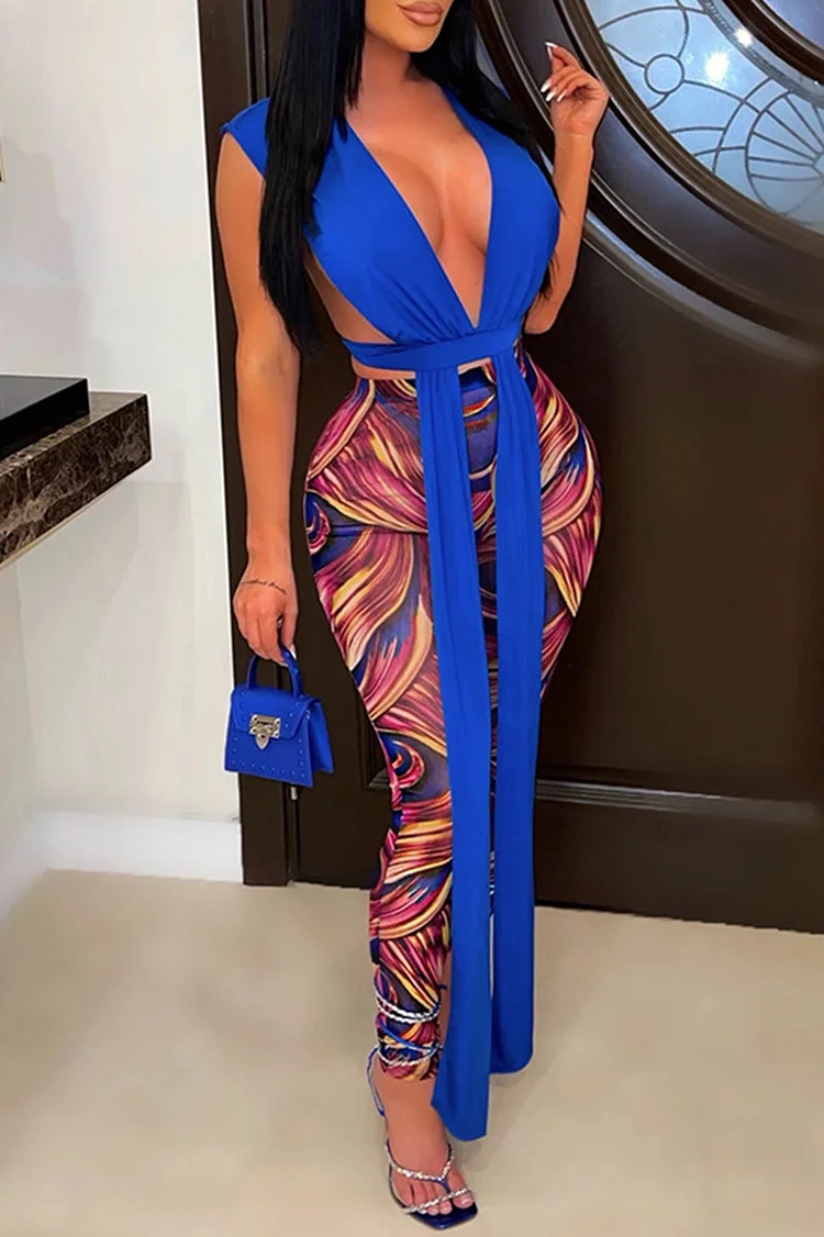 Blue Fashion Sexy Print Split Joint V Neck Sleeveless Two Pieces