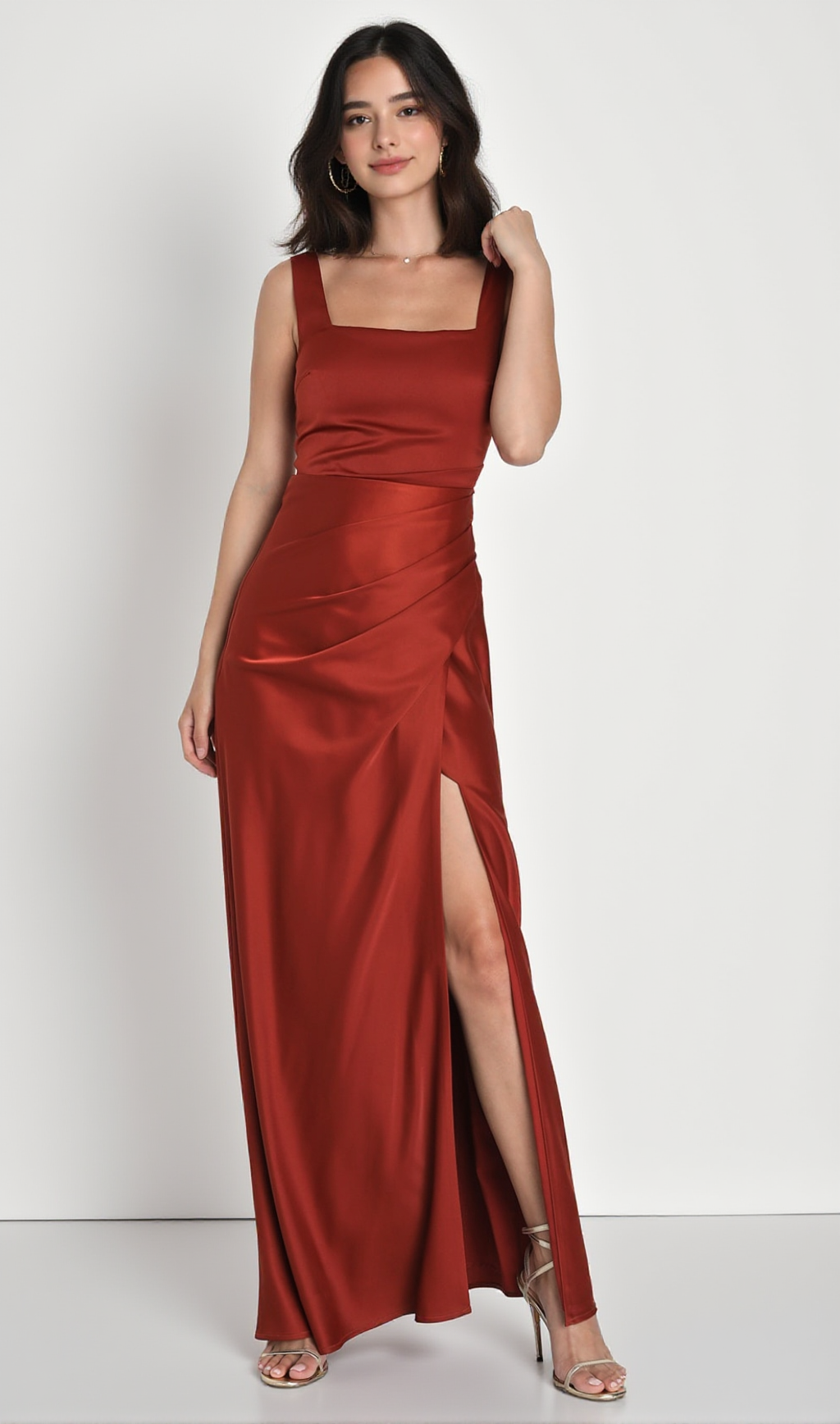 Red Carpet Romance Rust Orange Satin Square Neck Maxi Dress