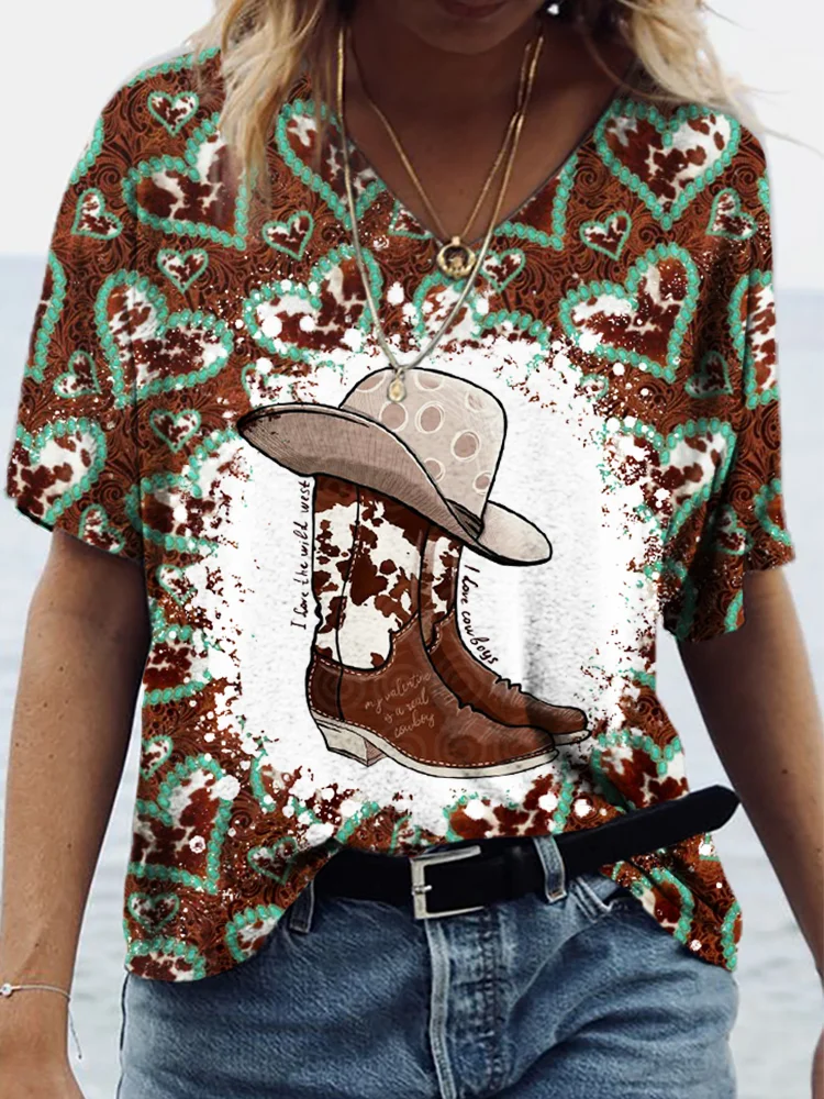 Cowgirl Boots Turquoise Jewel Hearts V Neck T Shirt