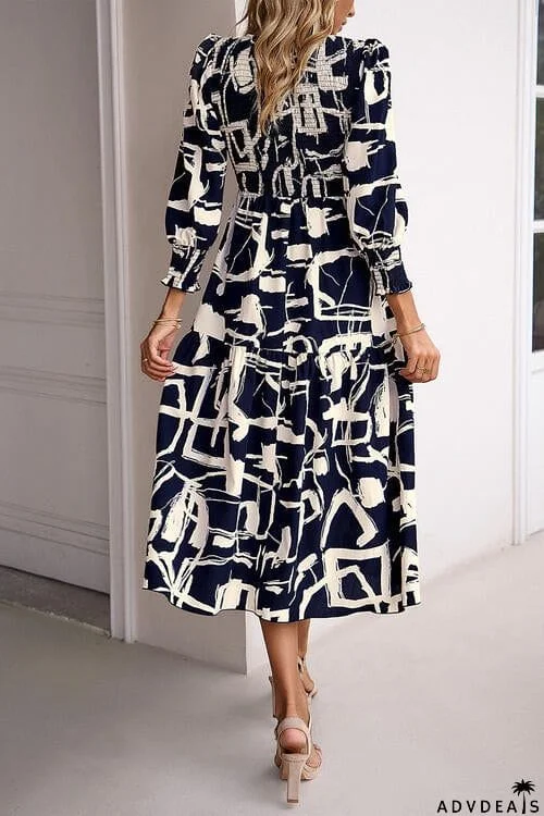 Printed Smocked Ruffle Hem Dress