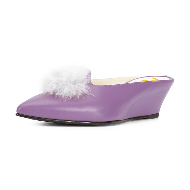 Purple Closed Toe Wedges Fluffy Ball Mules by FSJ |FSJ Shoes