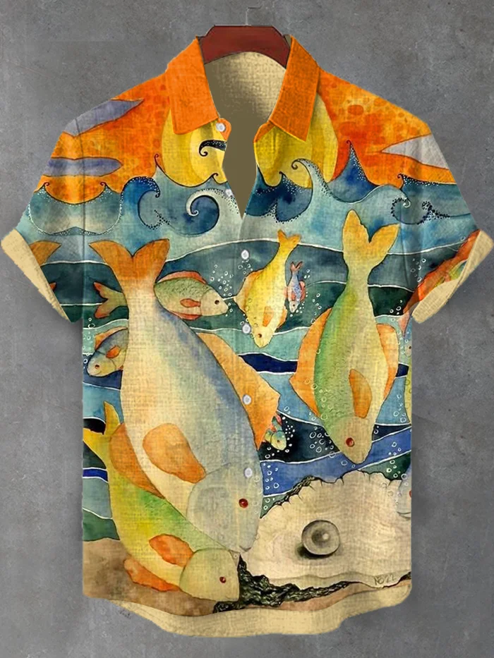 Men's Retro Abstract Sunset Ocean Fish Swimming Art Print Shirt