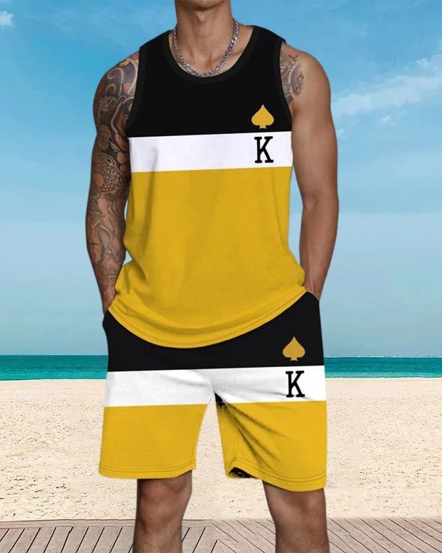Men's casual vacation color block printed vest Set 039