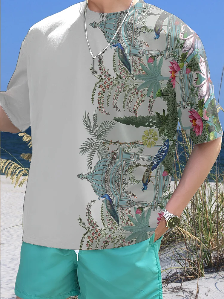 Men's Palace Park Lotus Pond Flowers Peacock Swan Print T-Shirt
