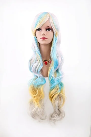 Halloween Cosplay Harajuku Style Rainbow Long Curly Wig Light Blue-elleschic